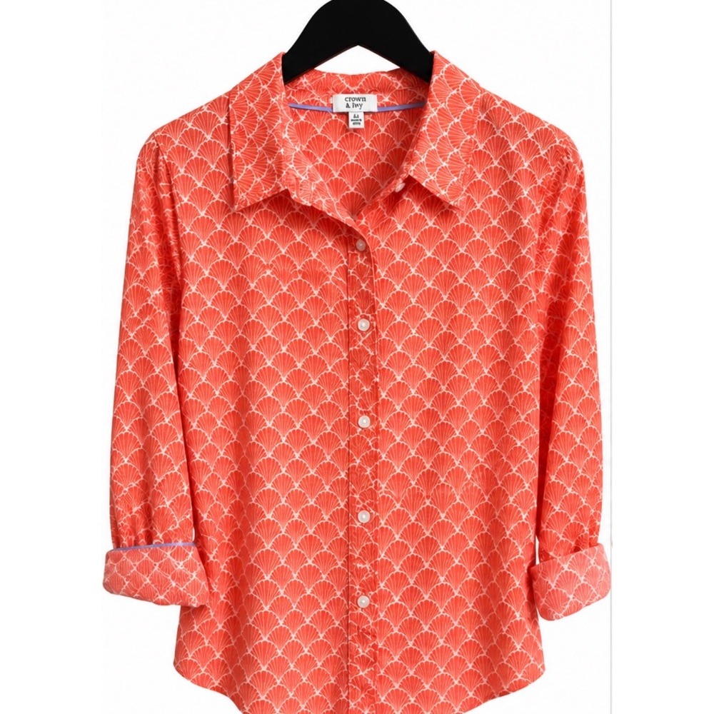 Crown & Ivy Womens XL Coral Pink Seashell Print Cotton Button Down Shirt Top